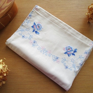 Small Tablecloth Vintage white tablecloth embroidered white blue pink floral décor cotton shabby chic tablecloth Vintage Textiles