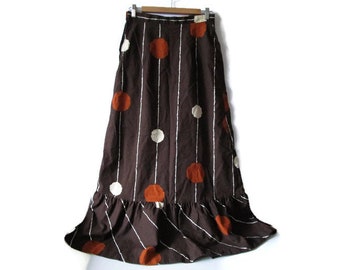 MERRY FINN Long Ruffle Skirt Long Skirt Boho Hippie Bohemian in Printed Finnish Cotton fabric in Brown White Orange Vintage 70s Clothing