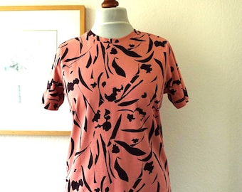 Vintage Marimekko Finland Cotton T-shirt Summer Top Blouse Blush Pink Black Plants Abstract Print Size Woman's S, Small