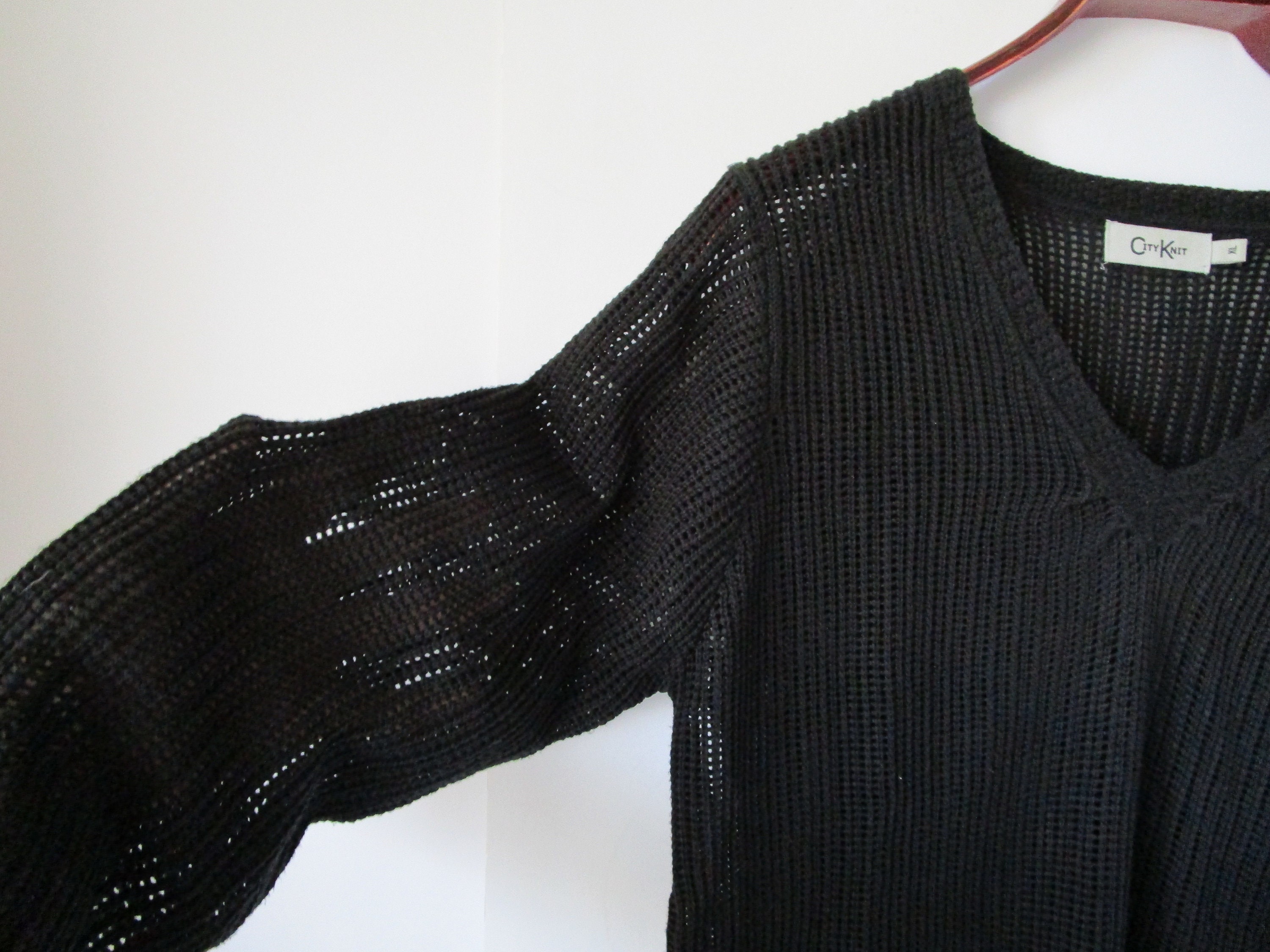 90s Vintage Sweater Black Mesh V Neck Pullover Textured Knit