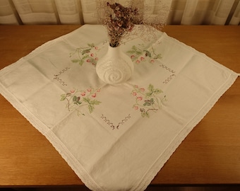 Swedish Vintage Small Square Cotton Tablecloth Green Red White Floral Hand Embroidery Table Cover Table Linens Table Topper Gift for Her