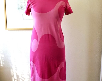 00s VTG Marimekko Finland Dress Short Sleeve Straight Abstract Pattern Pink Scandinavian Finnish Design Cotton Jersey Size Woman's S Small
