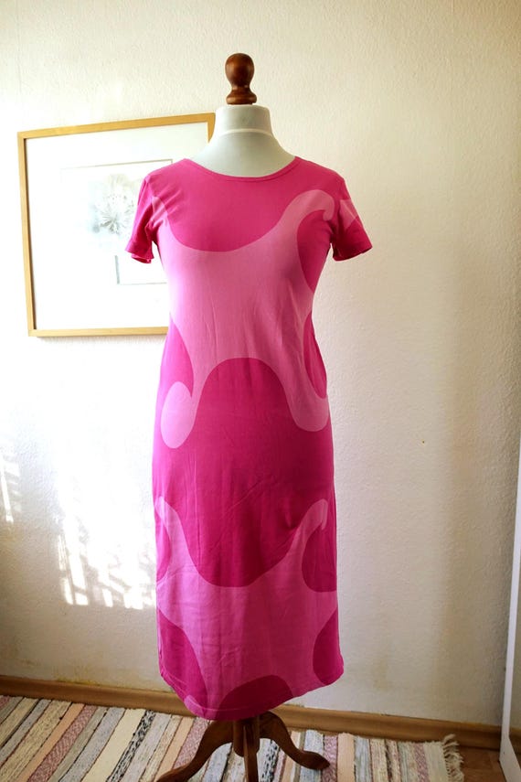 finnish design dress 00s VTG Marimekko Finland Dress Short Sleeve Straight Abstract Pattern Pink  Scandinavian Finnish Design Cotton Jersey Size Woman's S Small