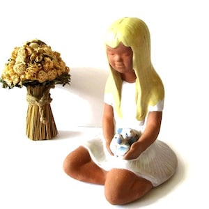 Ceramic JIE Figurine 9&#39;&#39; Blonde Swedish Girl with Birds Scandinavian Home Decor Mid Century Modern Collectible Pottery Signed Gift Sweden