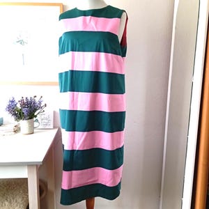 Marimekko LOUVRE Dress Cotton Green Pink Wide Stripes Size EUR 46 US 14 Large Women&#39;s Office Dress Preppy Casual Dress Sleeves