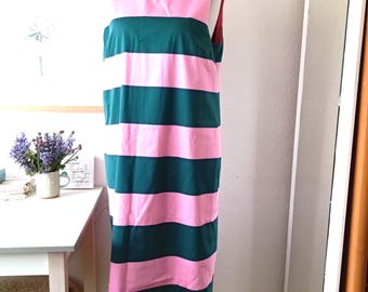 Vintage y2k Marimekko LOUVRE Klänning Bomull Grön Rosa Breda Randiga Storlek EUR 46 US 14 Large Dam Kontorsklänning Preppy Avslappnad Klänning Ärmar