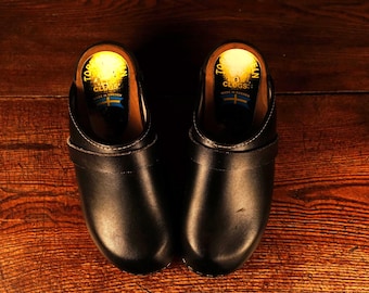 90s Platform Shoes Vintage Wooden Clog Black Leather Wood Traditional Swedish Wooden Clogs Hand Made Made in Sweden Eur 37 UK 4 US W6.5