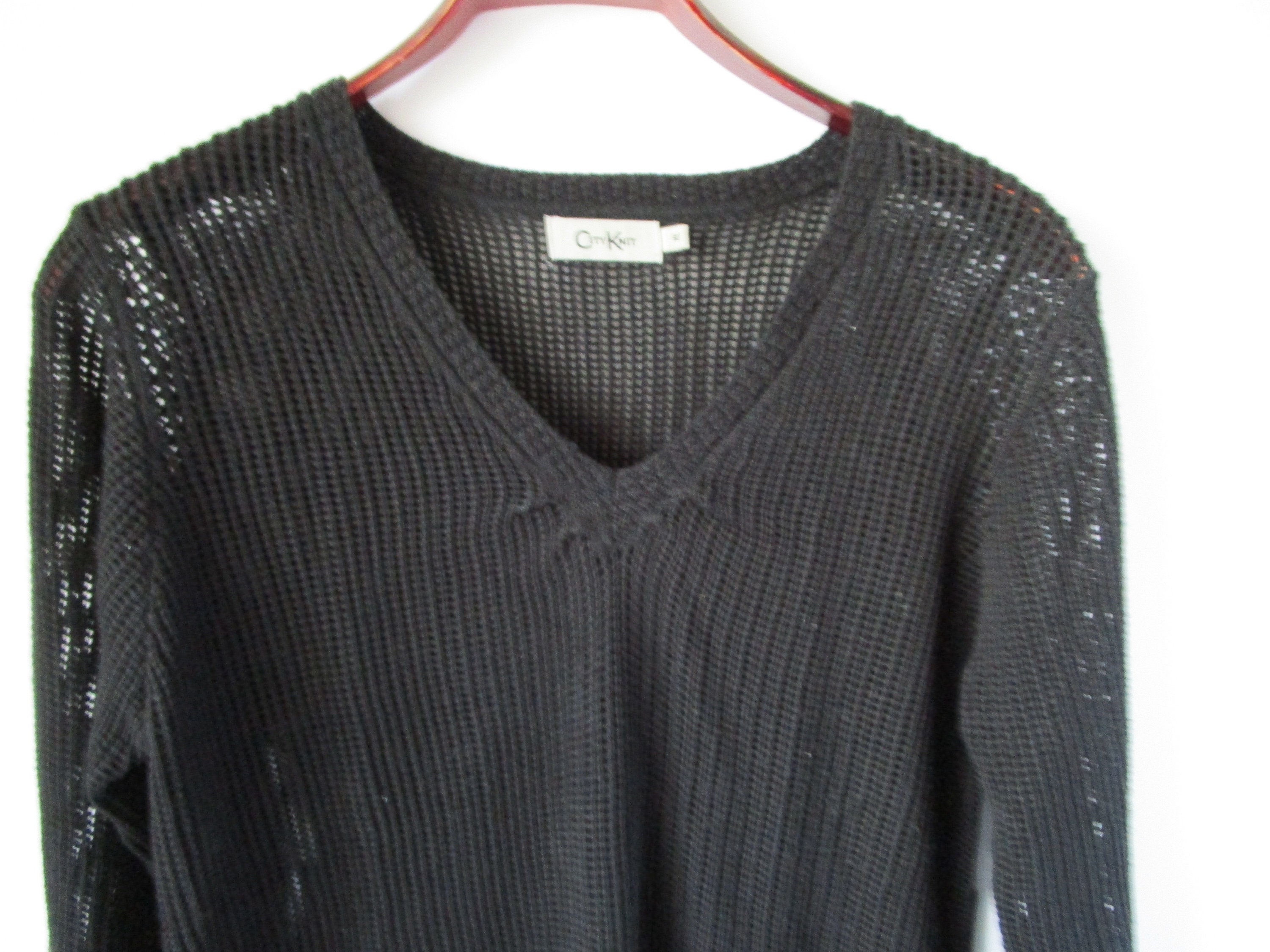 90s Vintage Sweater Black Mesh V Neck Pullover Textured Knit