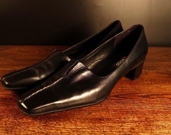 Y2K 90s Vintage Ecco Pumps Schwarz, Echtleder, Damen Gr. 39; Größe 6,5; US 8.5 Lässige Alltag Büro Schuhe, 1,5 '' Block Heels Schuhe