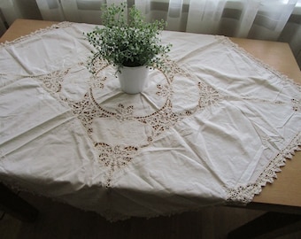 Embroidered 40 " / 102 cm Square Ivory Cotton Tablecloth Floral White Work Cut Out Pattern  Vintage Table Linens Shabby Chic Wedding