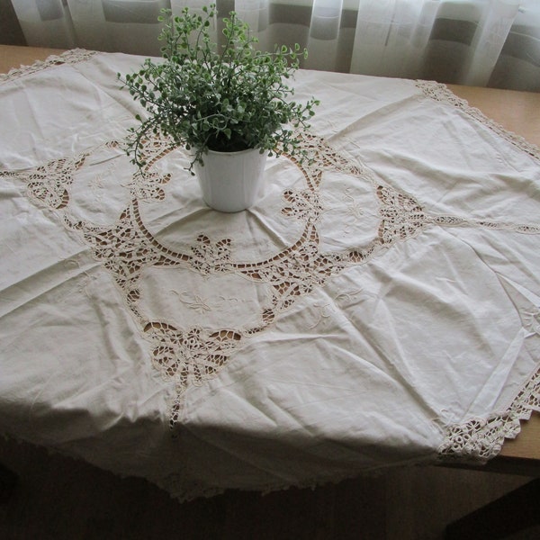 Embroidered 40 " / 102 cm Square Ivory Cotton Tablecloth Floral White Work Cut Out Pattern  Vintage Table Linens Shabby Chic Wedding