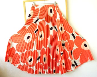 Vtg Marimekko Unikko Spódnica plisowana w kolorze pomarańczowym w stylu vintage, duże kwiaty, poliester, rozmiar: XS