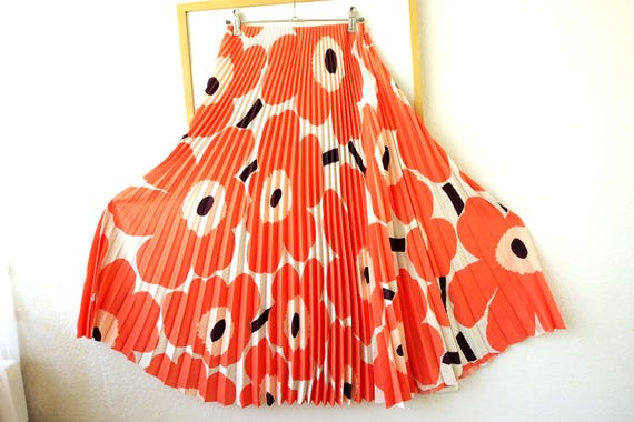 Vtg Marimekko Unikko Pleated Skirt Vintage Orange Large Flowers