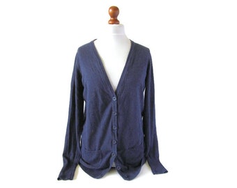 00s Vintage Long Cardigan Blue Cardigan Cotton Sweater Blue Sweater Knitted Cardigan Knitted Sweater Size L Large