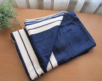 Vintage Scandinavian Bedspread 140cmx235cm/ 93&quot;X 55&quot; Minimalist Home Décor Natural Wool blend Blanket Blue White Striped Woolen Throw Norway