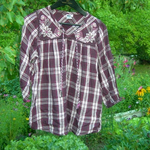 Summer Blouse Casual Top Bohemian Top Checked Shirt Purple White Boho Blouse Plaid Cotton Shirt Long Sleeve Y2K Vintage Top Size Medium