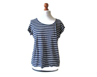 90s Vintage Striped Cotton T-shirt Ladies Nautical Style Top Blue White Stripe Shirt Basic Simple Striped Top Size Women XL