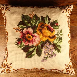 French Vintage Hand Embroidered Throw Pillow Floral Roses Pattern Red Green Yellow Beige Decorative Scandinavian Cushion Bohemian Décor