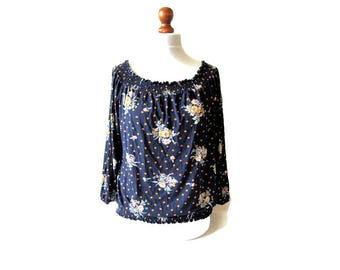 Vintage y2k Blumen Bluse Top Blau Boho Boho, Size: XL