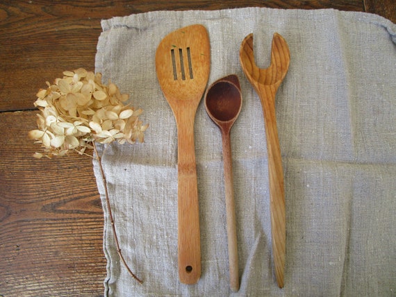 Primitive Wooden Utensil Set Set of 5 Farmhouse, French Country, Kitchen  Utensils, Wooden Spoons 