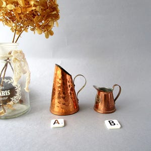 Può includere: Due brocche di rame, una con finitura martellata e l'altra con finitura liscia. Le brocche sono etichettate con A e B.