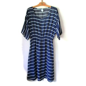 90s Vintage Blue White Striped Pattern Summer Dress Nautical Dress Simple Dress Everyday Dress Beech Minimalist Dress Woman Size L Large