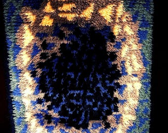 Prachtig RYA-tapijt Scandinavisch wollen tapijt uit het midden van de eeuw vintage jaren 60 handgemaakt MCM-tapijt blauw wit grijs vloerkleed muurhangend vloerkleed