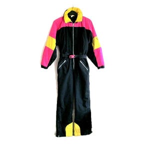 Vintage Ski Suit One Piece Snow Jumpsuit, Retro Neon Yellow Pink Black Color block Woman Snowsuit Hipster Winter Wear, Size M - L; EUR 42