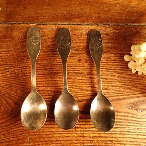 Peut inclure: Trois cuillères en argent anciennes avec des motifs sur les manches, disposées sur une surface en bois. Les cuillères présentent un aspect vintage et terni, suggérant l'âge et l'utilisation. Des fleurs séchées sont placées en haut et à droite des cuillères.
