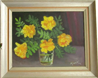 Flower Painting Oil Painting Vintage Framed Art Spring Home Decor Signed Original Art Still Life Painting Floral Roses Wall Decor Gift idea