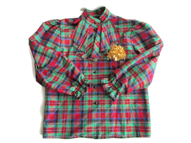 80s Vintage Blouse Plaid Blouse Puff 