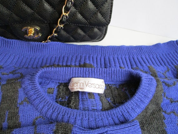 80s Vintage Sweater Womens Blue Black Silk Cashme… - image 3