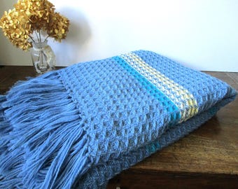 Natural Wool Throw Blanket 85"x49" Blue White Pure Woolen Hand Woven Throw Blanket Swedish Scandinavian Home Décor Bedspread Gift Idea