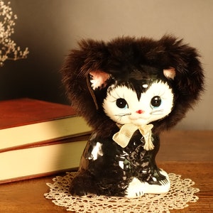 Charming Vintage Porcelain Cat Figure with Blue Eyes Collectible Cats Cute Retro Black and White Cat Figurine Cat Collectors Gift