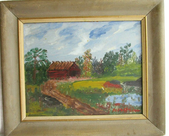 1960s Vintage Rustic Original Landscape Oil Painting Scandinavian