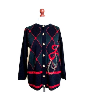 Vintage Italian Sweater Blue Green Red Knit Cardigan Wool Sweater Warm Sweater Merino Wool Sweater Button Down cardigan Size L XL Woman