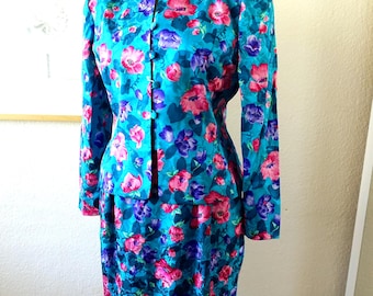 Vintage 80s Silk Skirt Set, Floral Two Piece Outfit, Size M