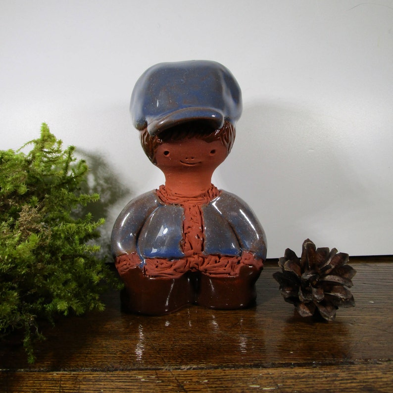 Charming hand made hand painted ceramic Boy figurine Swedish vintage ceramic pottery glazed figurine Blue and brown Collectible figurines