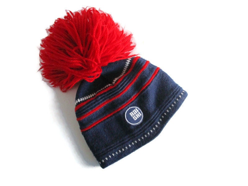 90s Vintage Knitted Hat with Big Huge Pom Pom Winter Hat Ski Hat Cap Blue Red White Hat Women's Hat Unisex Hat Finland Sweden Scandinavia
