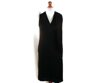 00s Vintage Black Draped Dress Relaxed Fit Sleeveless Deep V Neck for Spring Summer Fall Size M Medium Women's