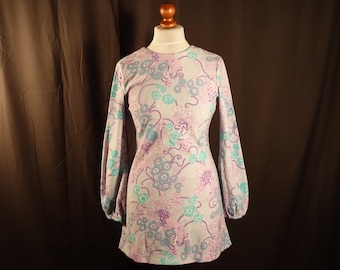 Vintage 60s Dress Blue Spring Summer Dress Long Sleeve Mini Shift Dress 60s Retro Casual Everyday Party Dress Size S Small Swedish Design