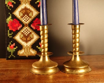 Antique Norwegian Candlestick Norway Vintage Brass Candle Holder Pair Traditional Scandinavian Folk Art  Home Primitive Rustic Table Décor