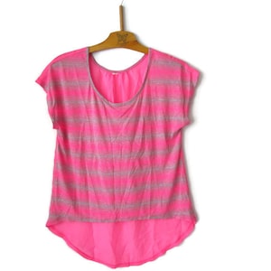 Neon Pink Top Pink T Shirt Woman 00s Vintage Striped Front Semi sheer Chiffon Back Pink Blouse Light Summer Top Striped Top Size S Small