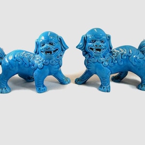 Pair of Turquoise Standing Blue Foo Dog Figurines Porcelain finely detailed Vintage 4.1"/10.5cm tall X 6.3"/16cm wide Asian Chinese Art