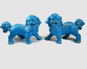 青い中国の犬の像 ターコイズ犬の置物 風水陶器の保護寺院の守護者