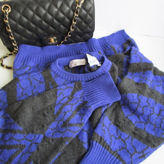 80s Vintage Sweater Womens Blue Black Silk Cashme… - image 5