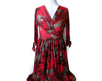 Vintage Floral Dress Boho Dress Bohemian Dress Red Dress Summer Dress Elegant Italian Dress Party Dress Long Sleeve Size S Gift for Her