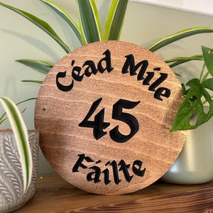 Céad míle fáilte door number sign   (Gaelic)| Welcome Wooden Door Sign | Engraved Carved