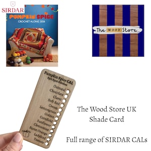 May include: A rectangular wooden shade card featuring the text Pumpkin Spice CAL Spit Spot Stitches and a list of color names including Oatmeal, Chocolate, Claret, Soft Red, Cream, Lemongrass, Golden, Cornfield, Sunflower, Clementine, Burnt Orange, Ladybird, and Tomato.