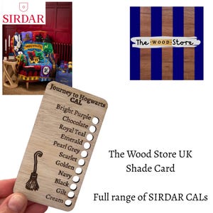 May include: A rectangular wooden shade card labeled Journey to Hogwarts CAL with a list of colors including Bright Purple, Chocolate, Royal Teal, Emerald, Pearl Grey, Scarlet, Golden, Navy, Black, Gilt, and Cream, featuring a broomstick icon.